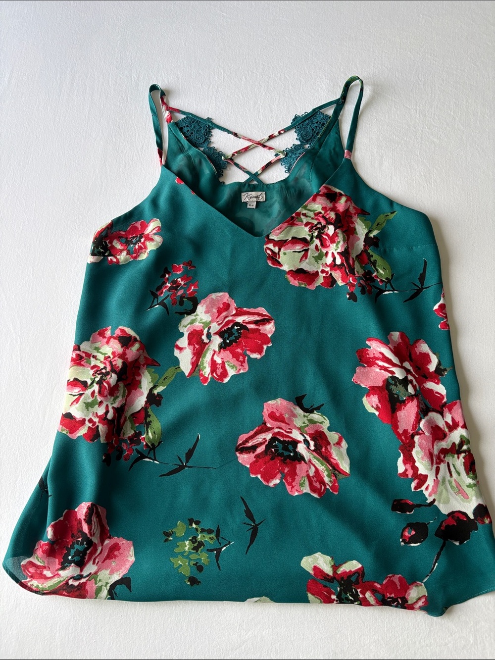 Kismet Teal Floral Lace-Back Camisole with Red & Pink Blooms